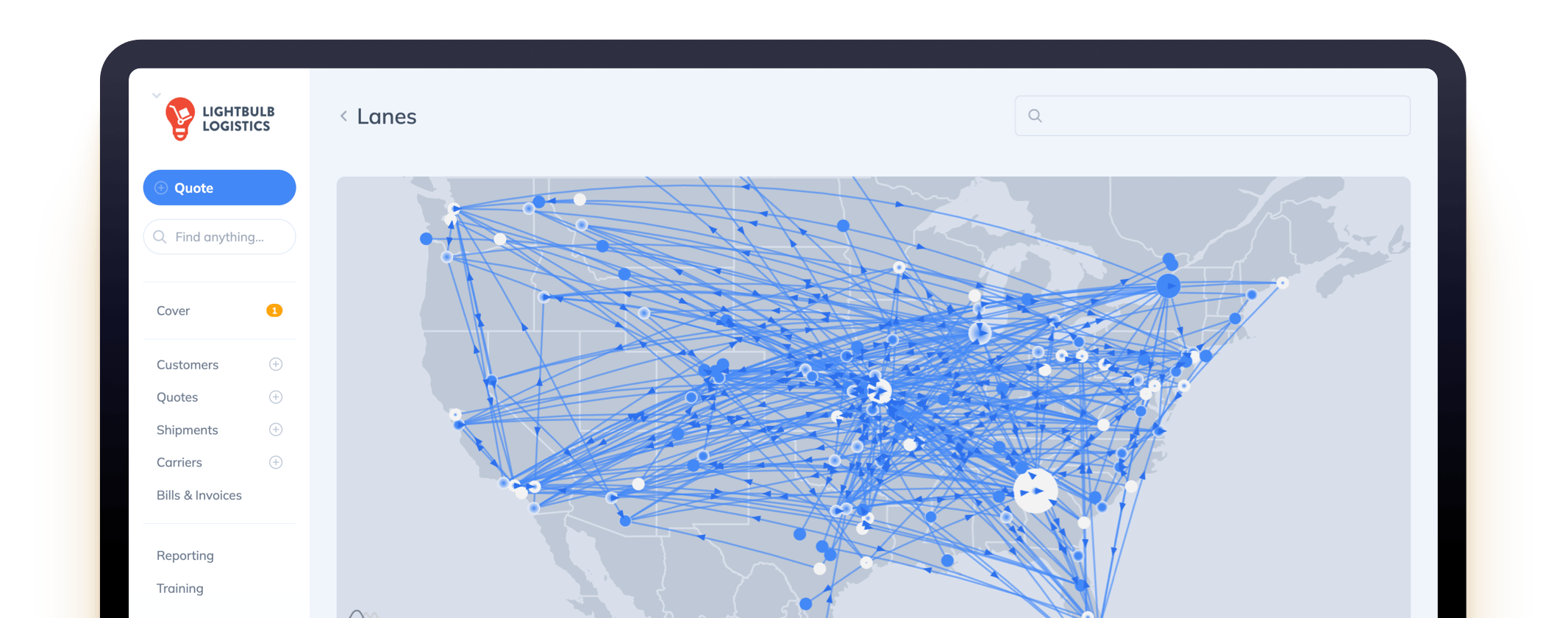 Graph of the United States with lines depecting common shipment lanes