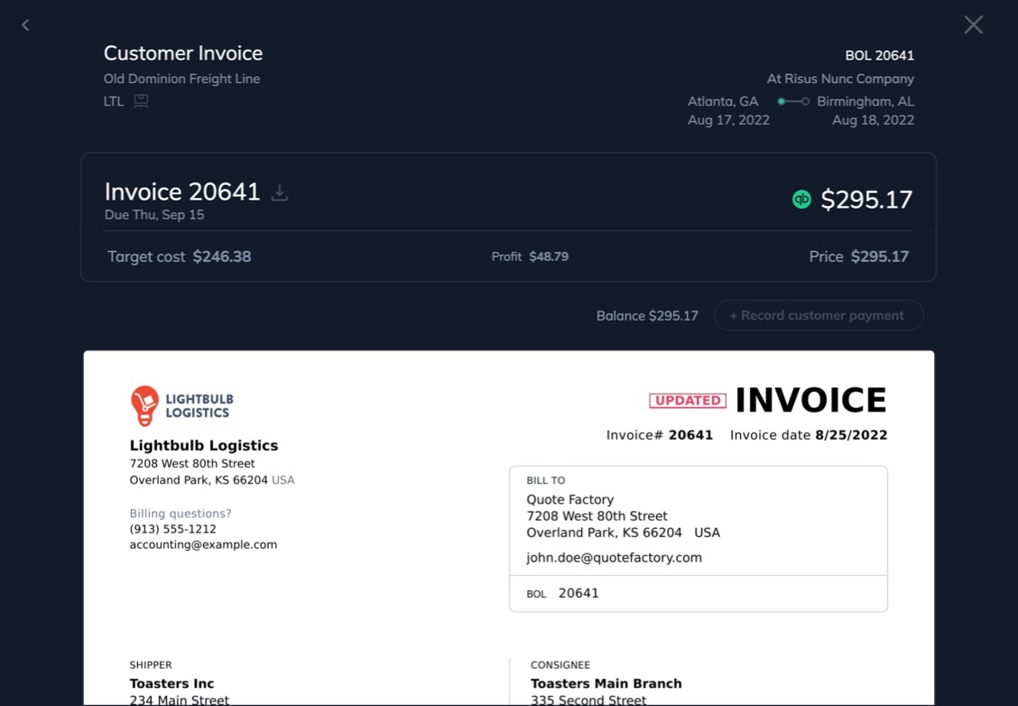 Software showing increased revenue for a freight brokerage using Quote Factory LTL quoting tools