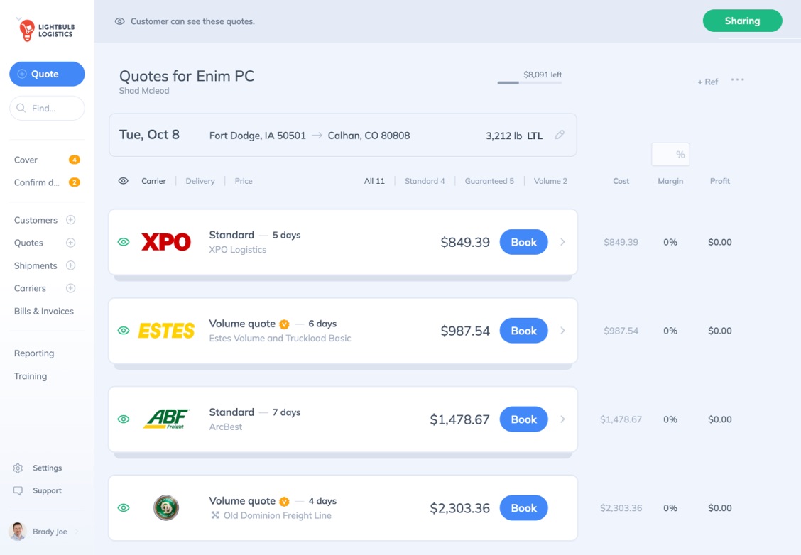 Software showing increased revenue for a freight brokerage using Quote Factory LTL quoting tools