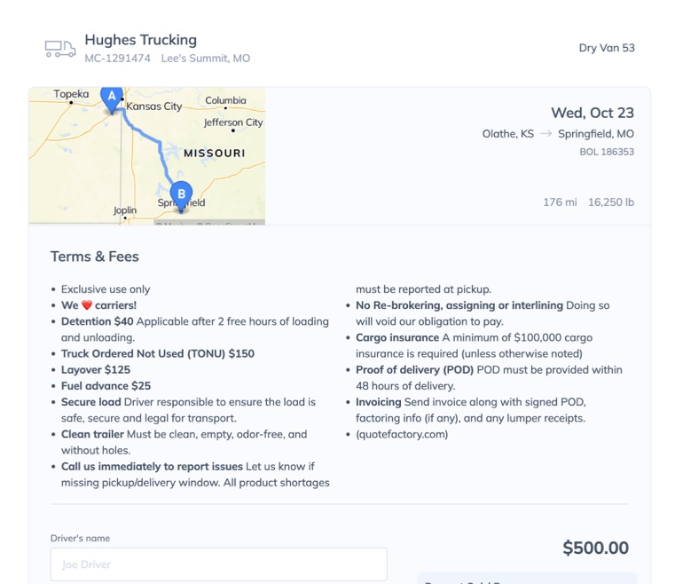 Freight broker collaborating with carriers within the Quote Factory platform